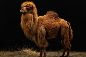 A camel standing in the dark on a black background photo