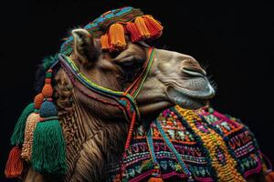 A camel with colorful headgear and tassels photo