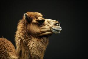 A camel is standing in front of a black background photo
