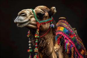 A camel with colorful headgear and a black background photo