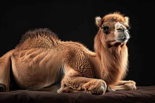 A camel laying on a blanket on a black background photo