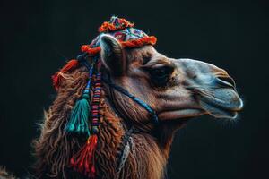 A camel with a colorful headdress photo