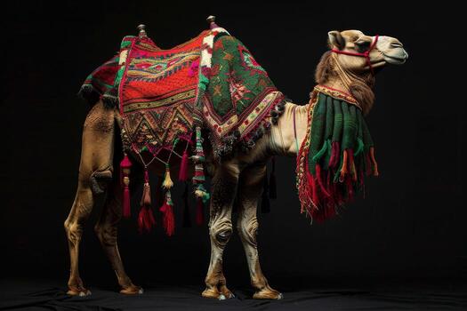 A camel with a colorful saddle on its back photo