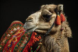 A camel with a colorful blanket on its back photo
