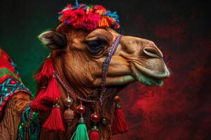 A camel with colorful decorations on its head photo