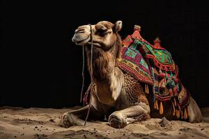 A camel with a colorful saddle sitting in the sand photo