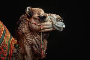 A camel with a colorful headdress photo