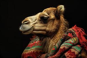 A camel with a blanket on its head photo