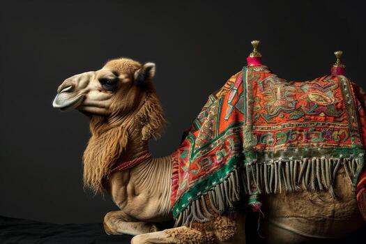 A camel with a blanket on its back photo