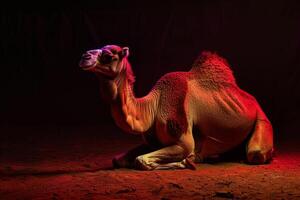 A camel sitting in the dark with a red light photo