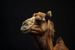 A camel is standing in front of a black background photo