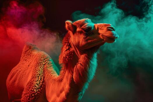 A camel is standing in front of a colorful smoke cloud photo