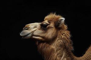 A camel is standing in front of a black background photo