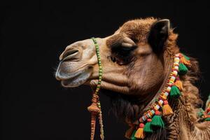 A camel with colorful beads on its head photo