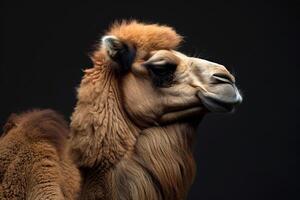A camel is standing in front of a black background photo