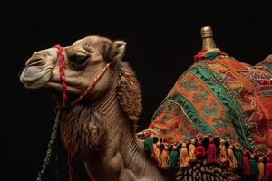 A camel with a colorful blanket on its back photo