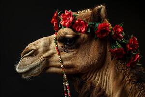 A camel wearing a flower crown on its head photo