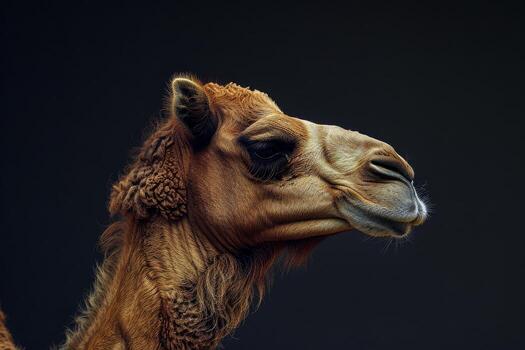 A camel is standing in front of a black background photo