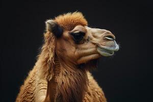 A camel is standing in front of a black background photo