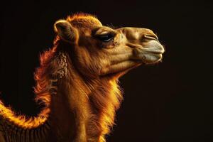 A camel is standing in front of a black background photo
