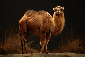 A camel standing in a field with tall grass photo