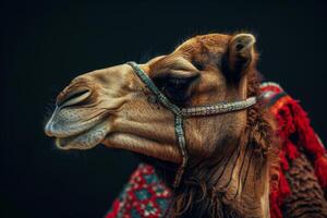 A camel with a bridle on its head photo