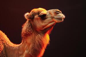 A camel is standing in front of a dark background photo