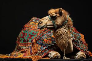 A camel with a blanket on it's back photo