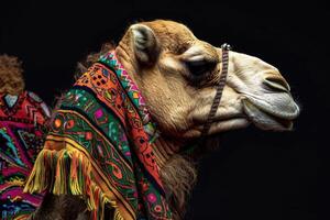 A camel with a colorful scarf on its head photo