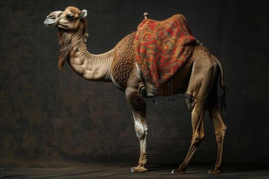 A camel with a blanket on its back photo