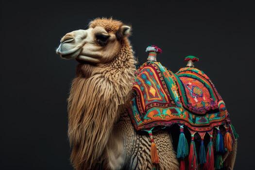 A camel with a colorful saddle on it's back photo