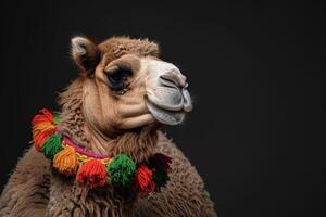 A camel with a colorful scarf on its neck photo