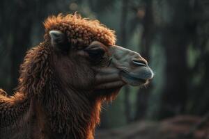 A close up of a camel in the woods photo