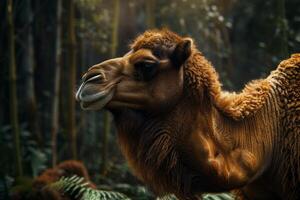 A camel in the jungle with trees and grass photo