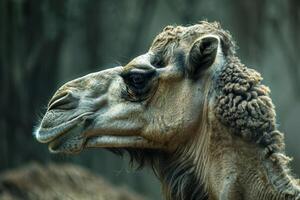 A close up of a camel's head with a forest background photo