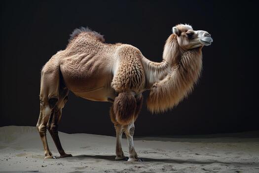 A camel standing in the desert with dark background photo