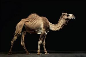 A camel standing in front of a black background photo