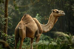A camel standing in the middle of a forest photo