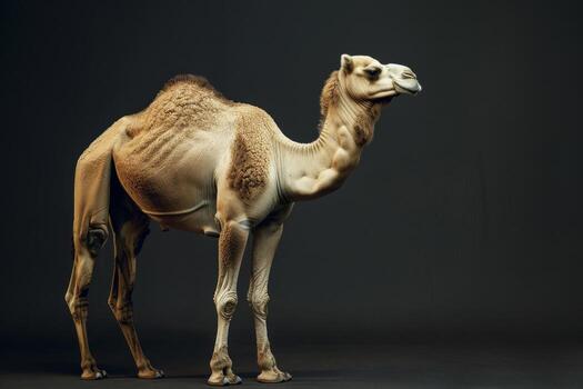 A camel is standing in front of a black background photo