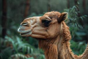 A close up of a camel in the woods photo