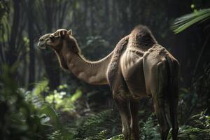 A camel standing in the middle of a jungle photo