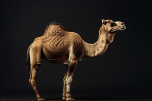 A camel is standing in front of a black background photo