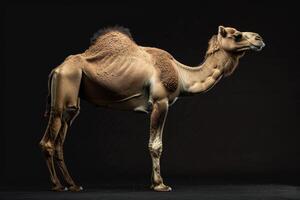 A camel is standing in front of a black background photo