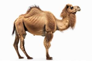 A camel is standing in front of a white background photo
