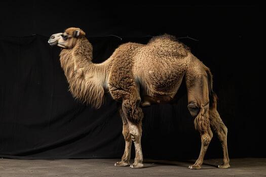 A camel standing in front of a black backdrop photo