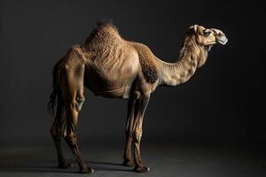 A camel standing in front of a black background photo