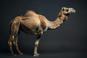A camel is standing in front of a black background photo