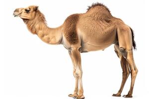 A camel is standing in front of a white background photo