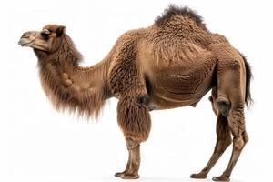 A camel is standing in front of a white background photo