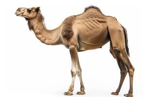 A camel is standing in front of a white background photo